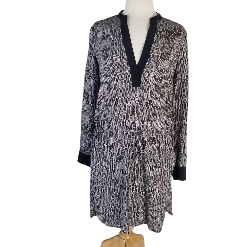 VINCE Drawstring 100% Silk Grid-Print Gray Dress Roll Tab Sleeves Size S - Picture 2 of 16
